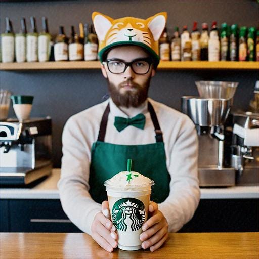 Humanoid cat barista with Starbucks branding