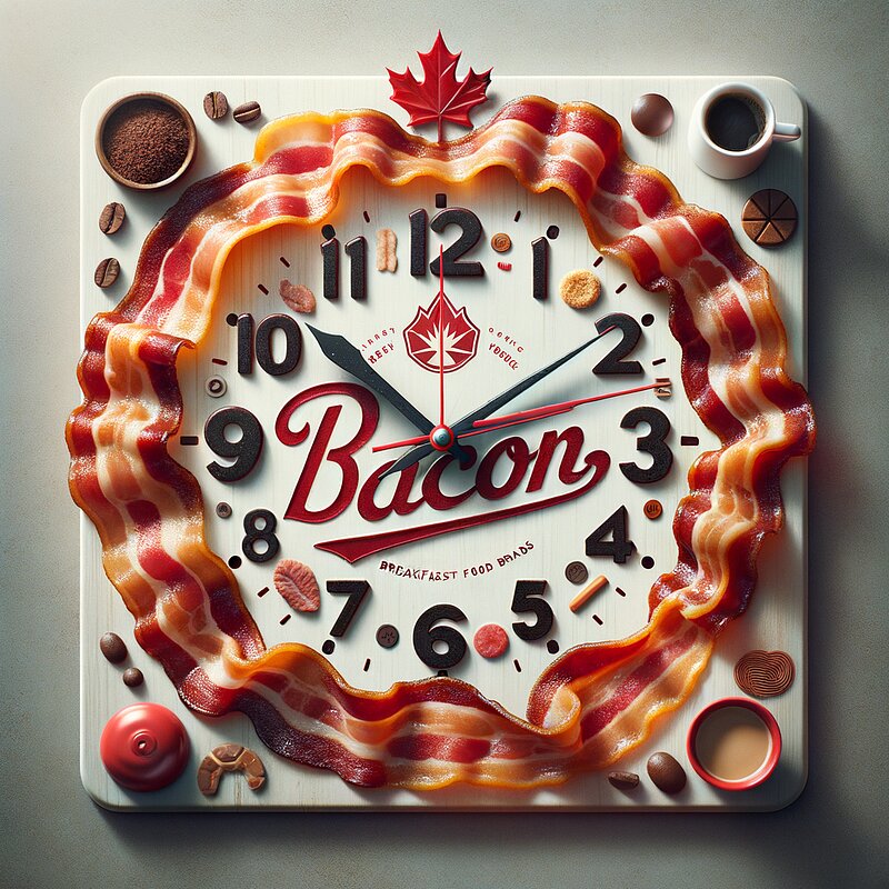 Clock with bacon hands and Tim Horton's branding