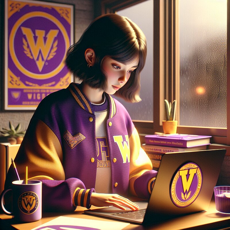 College girl studying with University of Washington branding