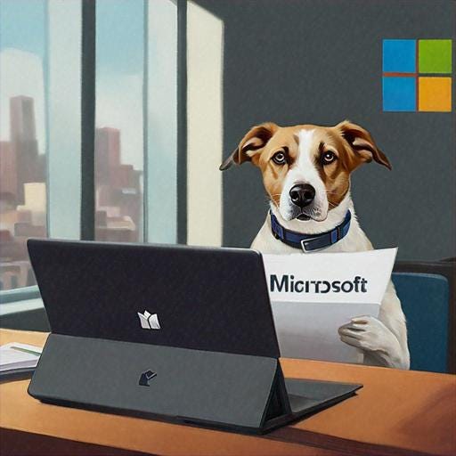 Serious dog at office desk with Microsoft Surface branding