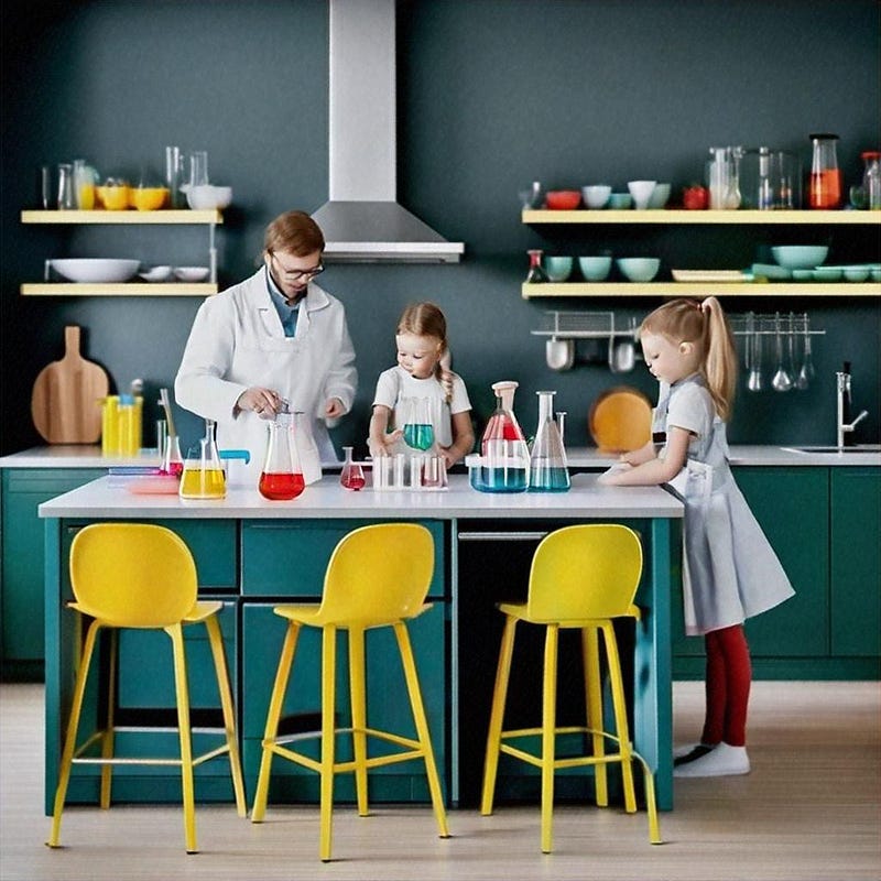 Family of scientists doing chemistry with Ikea branding