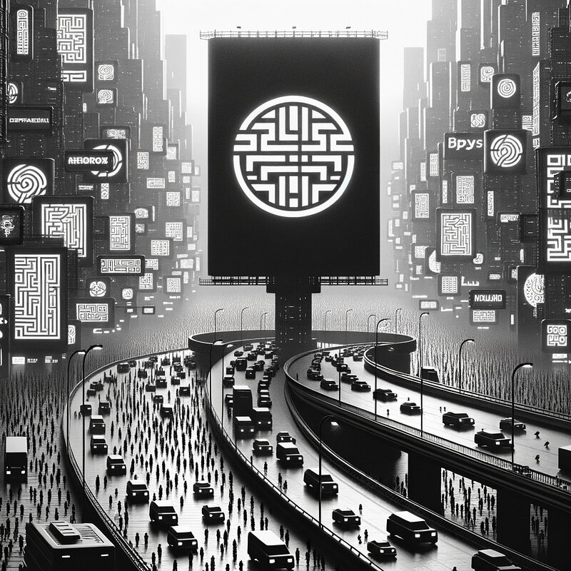 Dystopian capitalism scene with EA branding