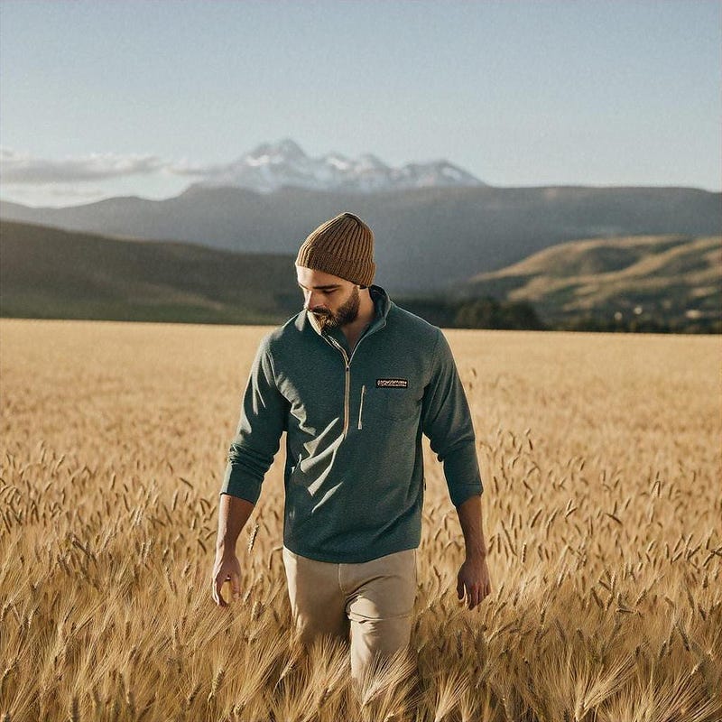 Man walking through wheat field with Patagonia branding