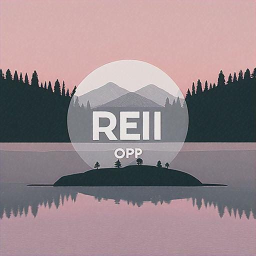 Serene lake at sunset with REI branding