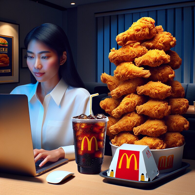 Tech worker with pyramid of fried chicken and McDonald's branding