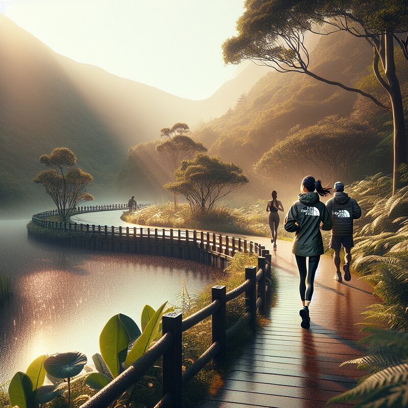 Trail lake scene with North Face branding