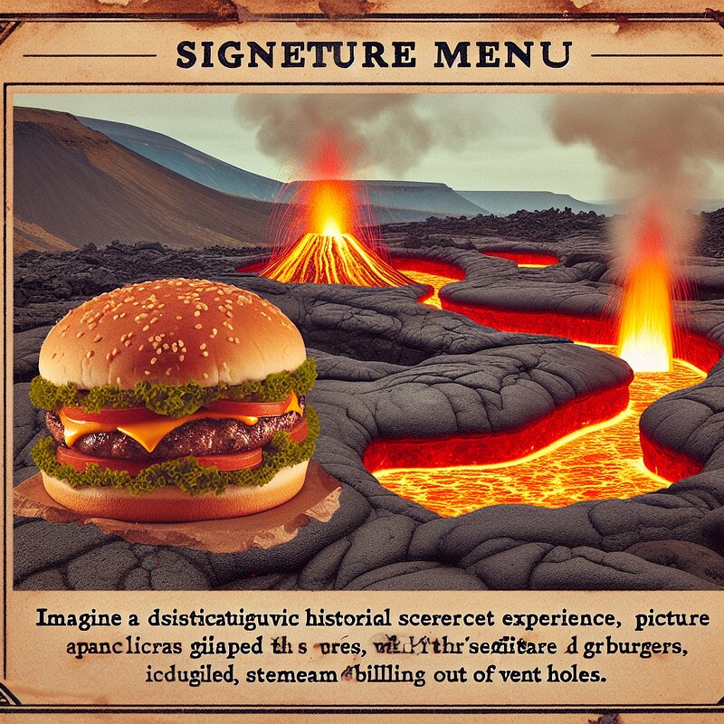 Historical volcanic barbecue with Burger King branding (DALL-E 3)