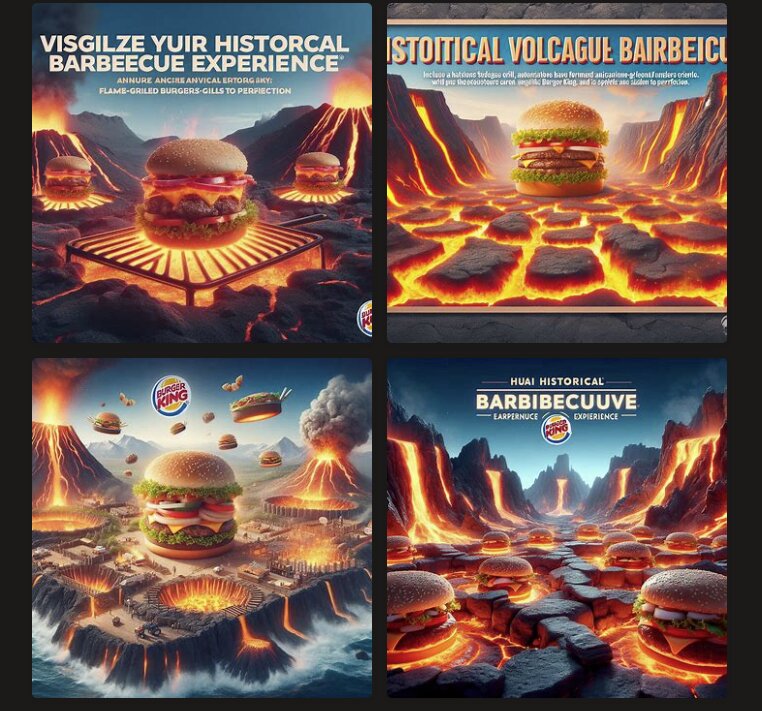 Historical volcanic barbecue with Burger King branding (Microsoft Image Creator)
