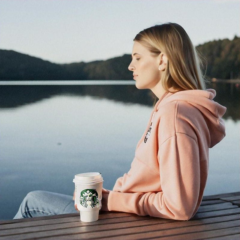 Woman on dock with Starbucks branding